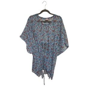 California Woman Floral Print‎ Tunic Top Sheer Cover Up Blue Size OS